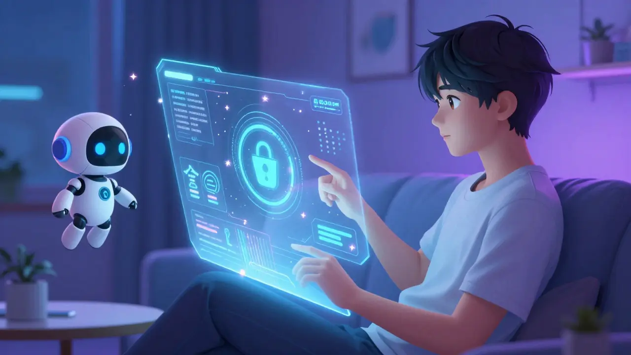 Person using holographic interface with robot assistant.