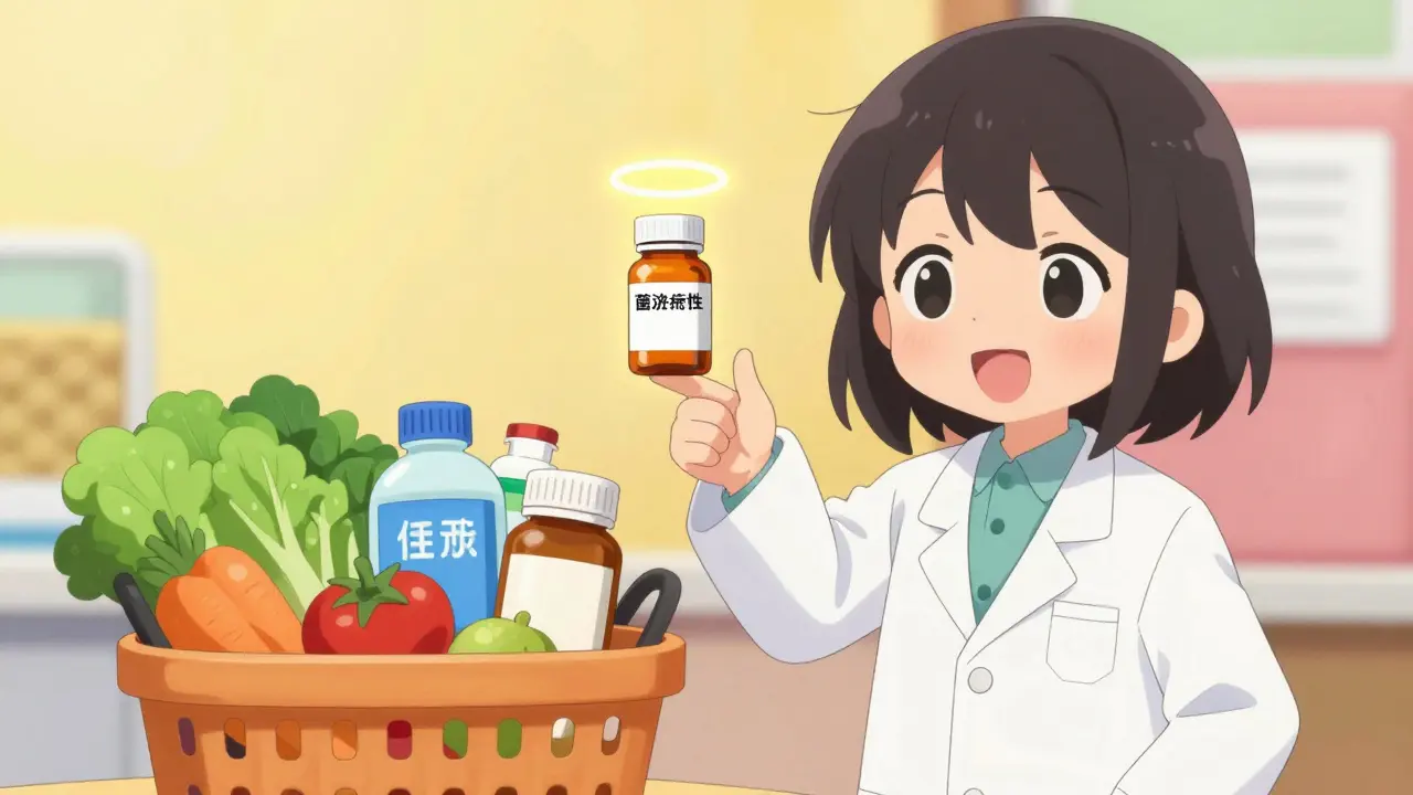 Pharmacist pointing at medicine bottle near groceries.