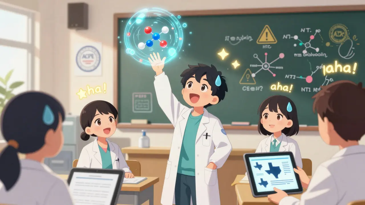 Pharmacists in a classroom learn about biosimilars and NTI drugs with holographic projections and state law icons.