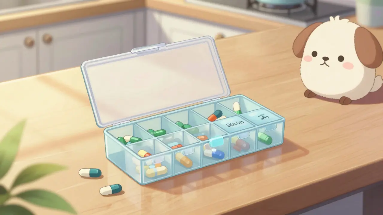 Pill organizer box sitting on a sunny kitchen table