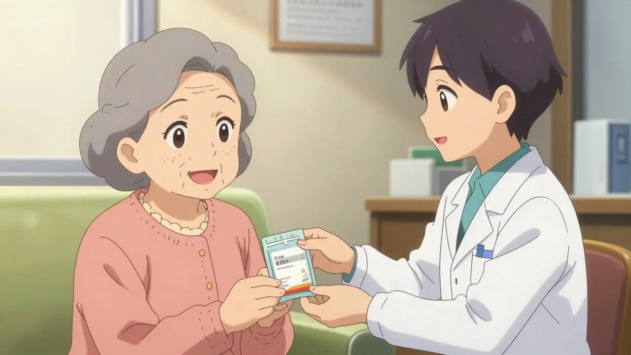 Smiling senior woman receiving organized medication bag