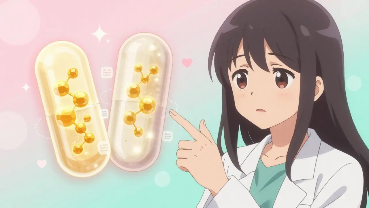 Two pills side by side glowing with identical molecular structures, surrounded by bioequivalence data.
