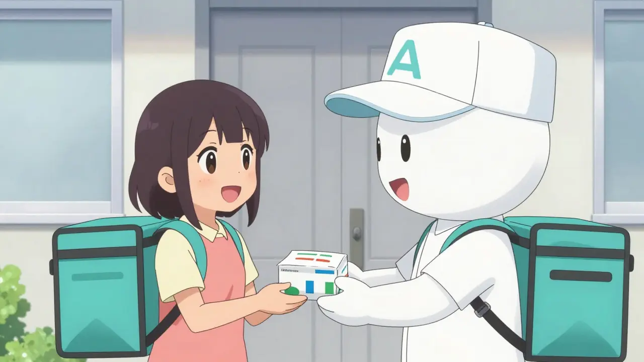 A moe style delivery person handing a medical package to a smiling young woman