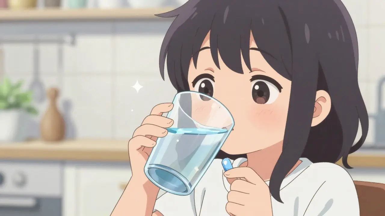 An anime girl drinking a glass of water while taking a medication capsule