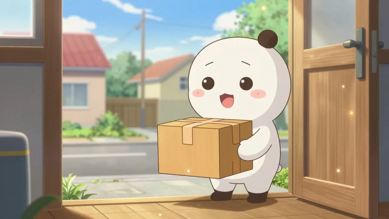 Anime girl happily receiving a secure medication delivery package