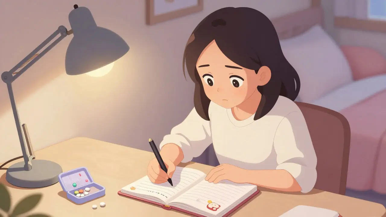 Anime girl recording symptoms in a health diary next to her medication.