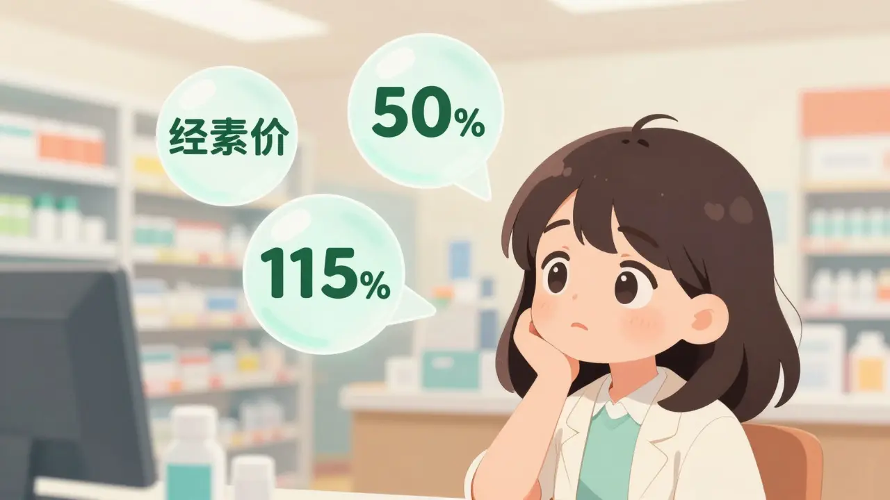 Anime patient choosing between three different price tiers for medication in a pharmacy.
