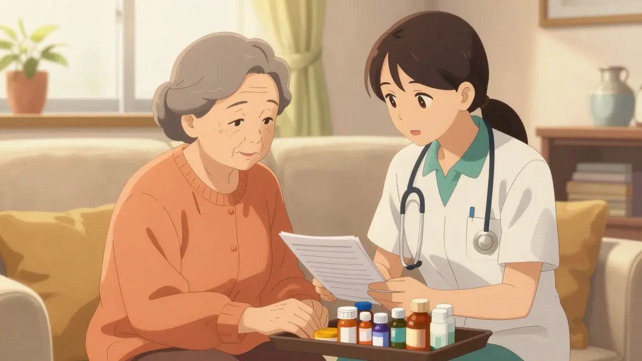 Caregiver helping an elderly woman manage multiple medication bottles.