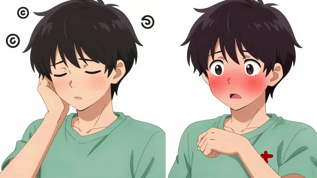Comparison of a mild dizzy reaction and an allergic reaction in anime style.