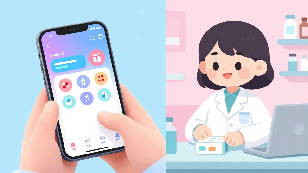 Cute anime character using a pharmacy app and a friendly pharmacist