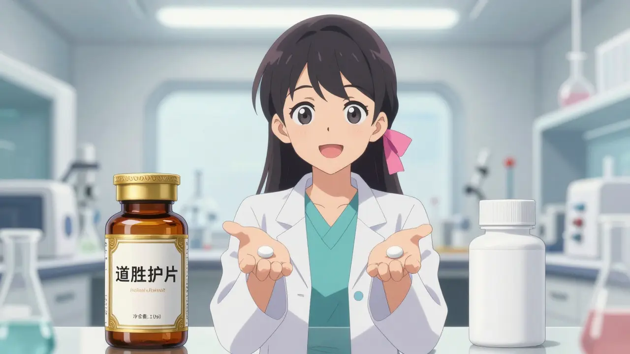 Cute anime scientist comparing a brand-name medicine bottle and an authorized generic bottle.
