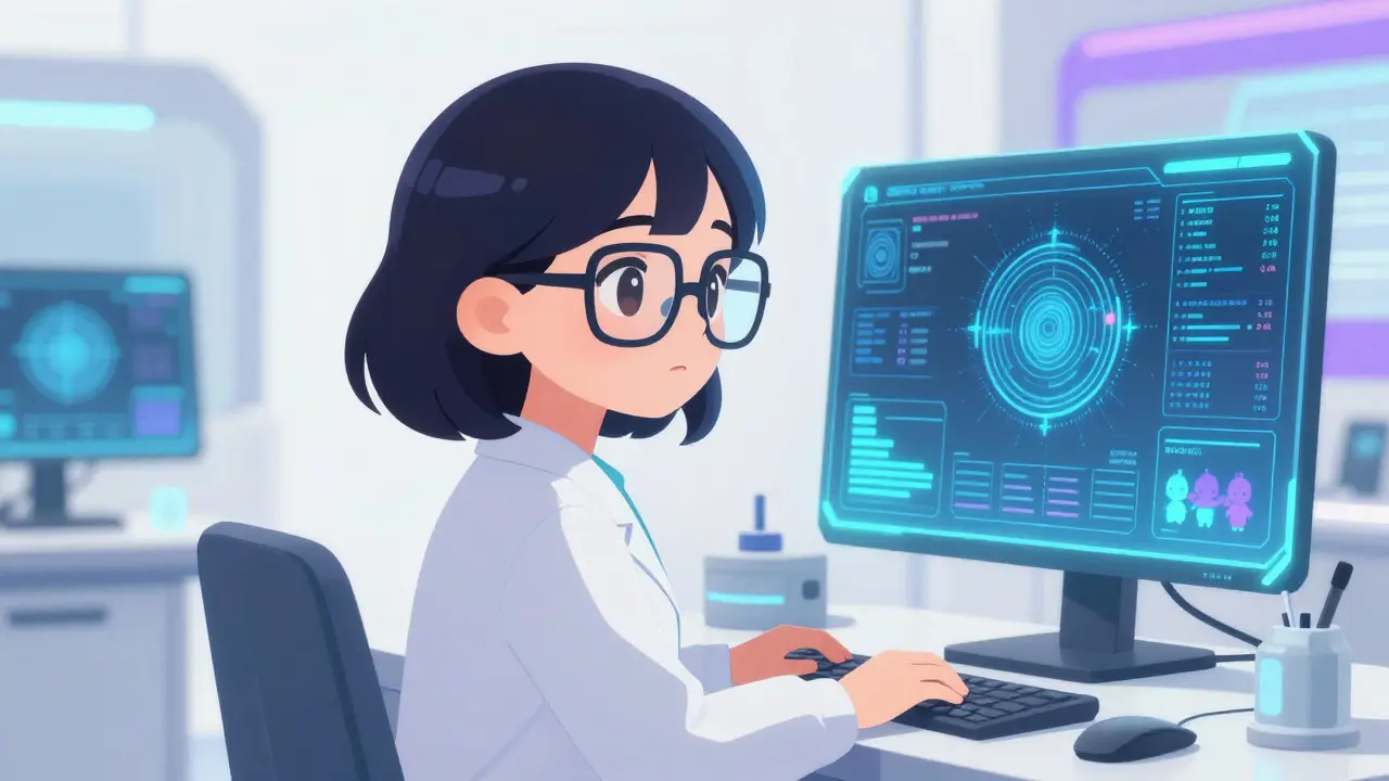 Cute anime scientist monitoring vaccine safety data on glowing holographic screens.