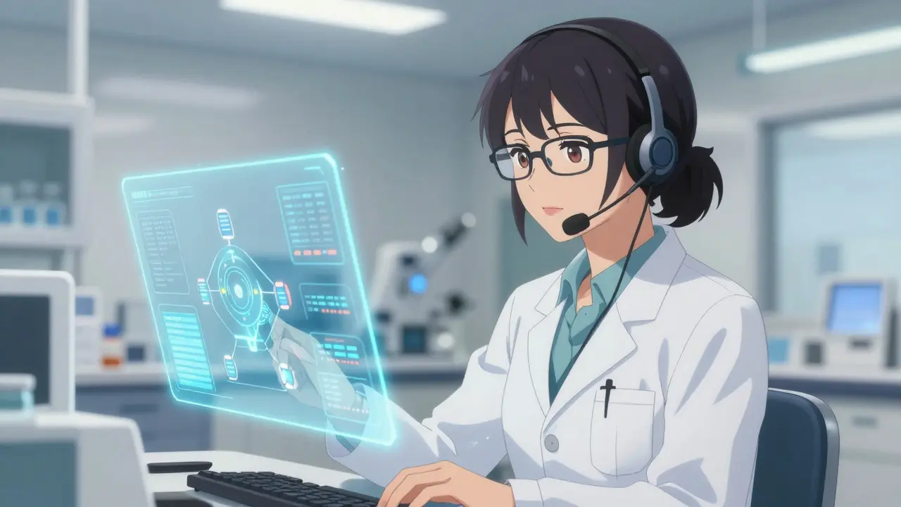 Female toxicology specialist with a headset analyzing medical data on a screen.