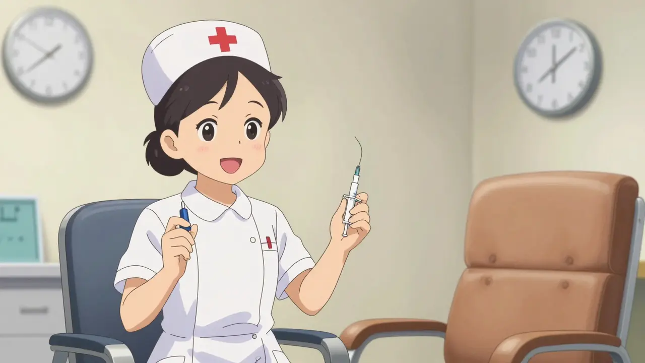Friendly anime nurse holding an epinephrine injector in a safe clinic setting.