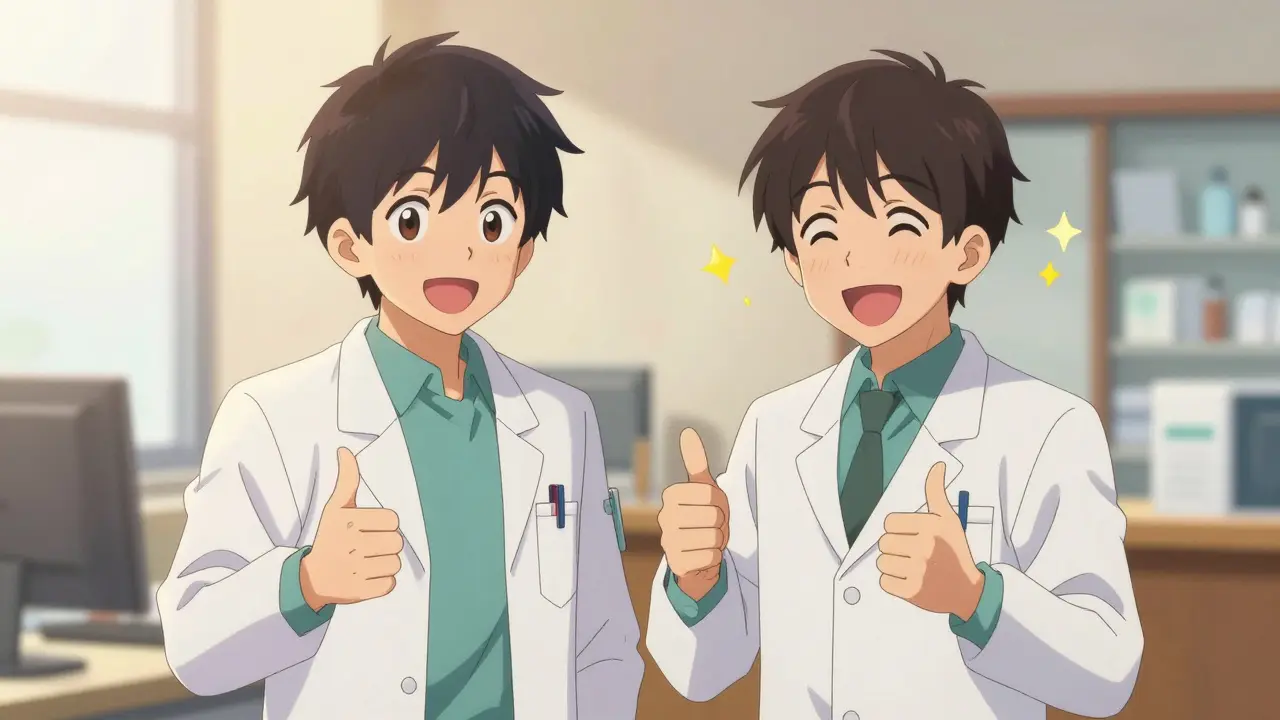 Happy patient with a smiling doctor and pharmacist in a bright anime style