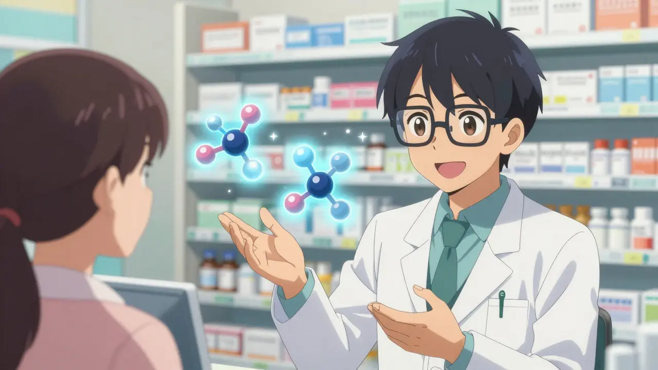 Kind anime pharmacist explaining identical active ingredients with glowing molecules.