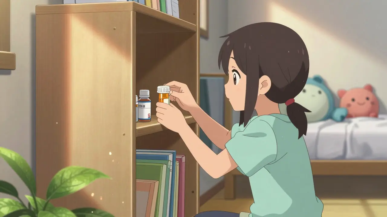 Person safely storing medication on a high shelf in a sunny bedroom