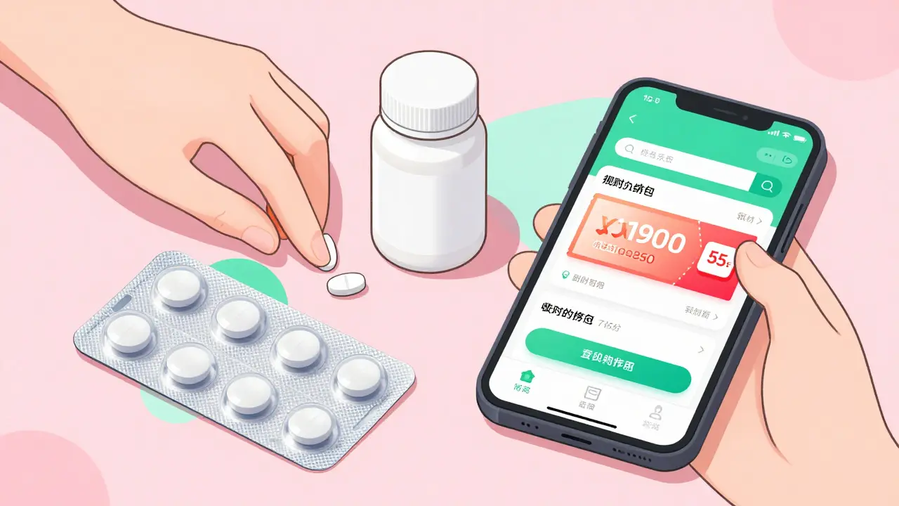 Prescription medication bottles next to a smartphone showing a discount coupon