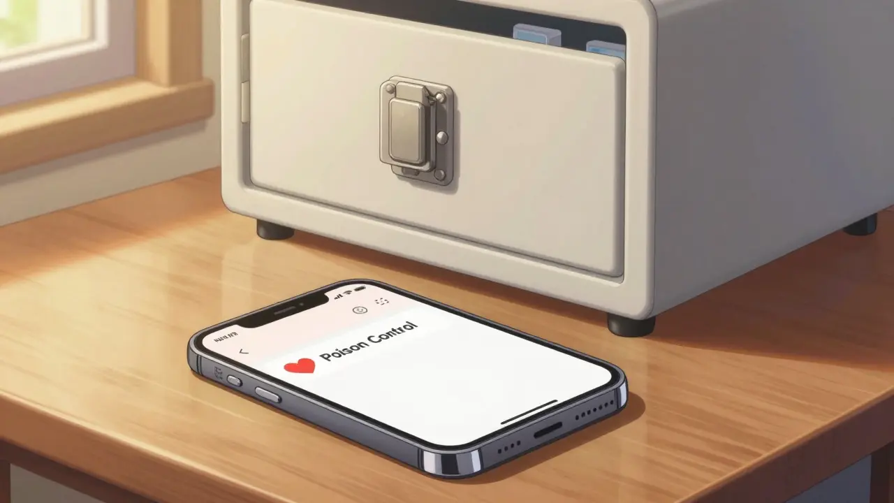 Smartphone on a table with Poison Control saved in contacts and a secure cabinet.